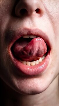Person moving tongue inside open mouth. Extreme close-up of facial features and oral anatomy.