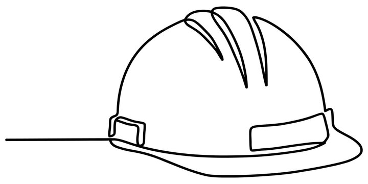 Safety hard hat continuous line art design black sketch for construction site protection and industrial gear concepts icon.
