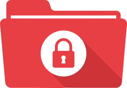 Red folder icon with locked padlock symbol isolated on transparent background for data security