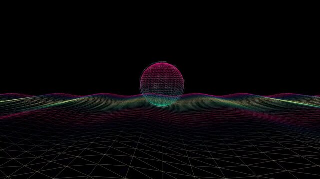 Retro digital wireframe sphere rests on a wavy terrain grid with chromatic aberration in an 80s synthwave cyberspace animation