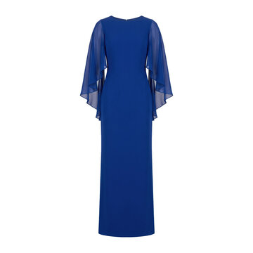 Royal blue cape sleeve column maxi evening gown isolated