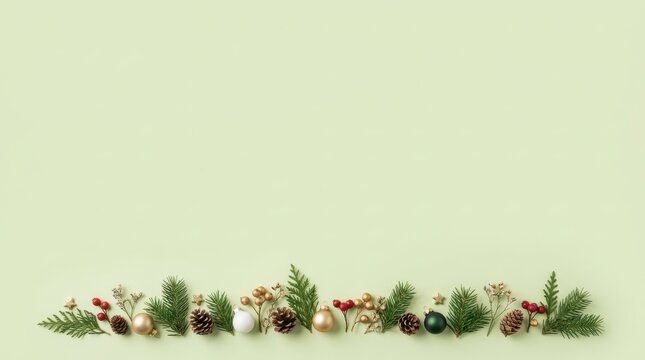 Soft sage green winter holiday background featuring an expansive upper copy space framed along the bottom edge by pine branches, pinecones, gold and dark green baubles, and red berries