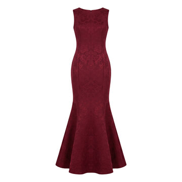 Burgundy floral jacquard trumpet evening maxi dress