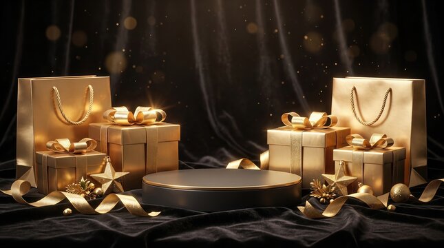 Empty product podium with luxury gold gifts