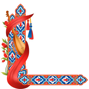Turkish republic day bottom left corner border with baglama saz instrument iznik tiles and tulips illustration