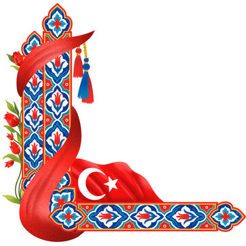 Turkish republic day corner border with turkey flag iznik tile pattern and baglama saz instrument illustration