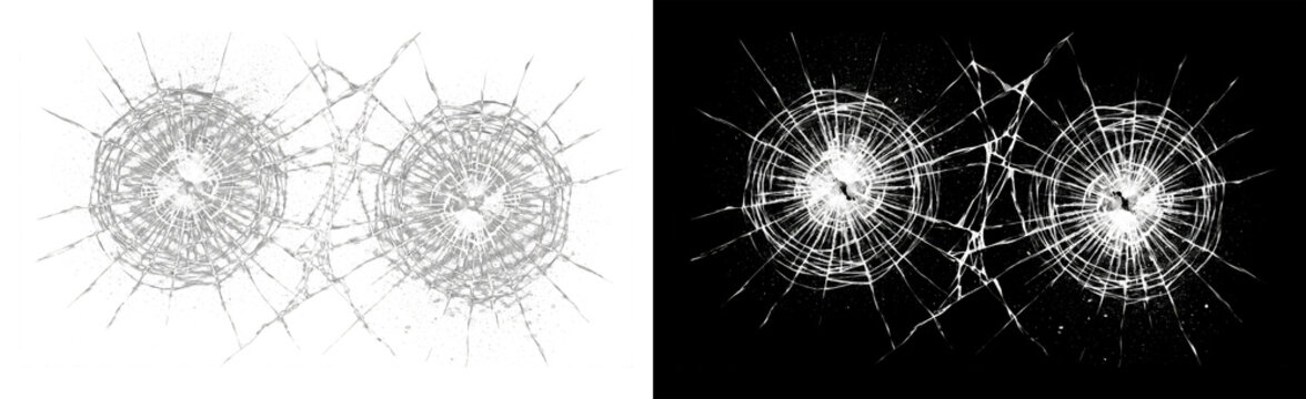 Broken glass, cracked glass impact, bullet hole, shattered window effect for photo compositing and video editing, png overlay isolated on transparent background