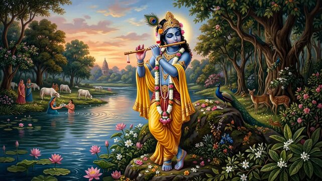 Divine flute melody: Lord Krishna, praise Kanha, adore Madhava, worship Keshava, glorify Hari, love Murari, behold Shyam, seek Damodara, venerate Mukunda, charm Gopinath.