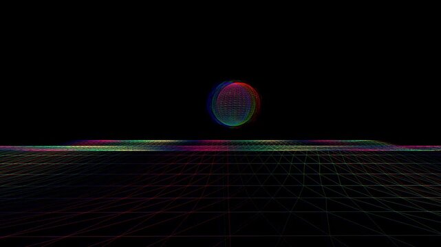 Luminous green wireframe orb levitates over a flat colorful digital line plane with subtle glitch fringe in a 3D animation