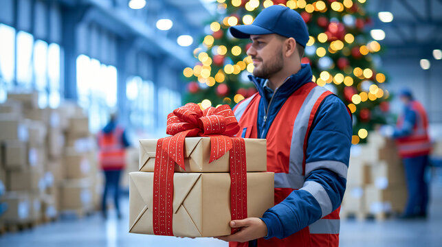 Delivery workers preparing Christmas packages inside a logistics facility, stacks of parcels and decorated tree, employees wearing work uniforms and reflective vests, busy seasonal shipping operatio