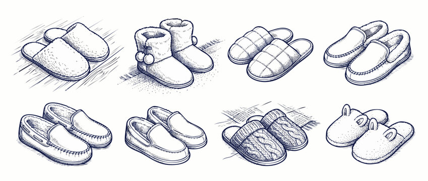 Hand drawn slippers collection sketch showing cozy winter house shoes. Engraved line art set featuring fluffy boots, knitted moccasins and cute bunny footwear for comfortable relaxing home wear design