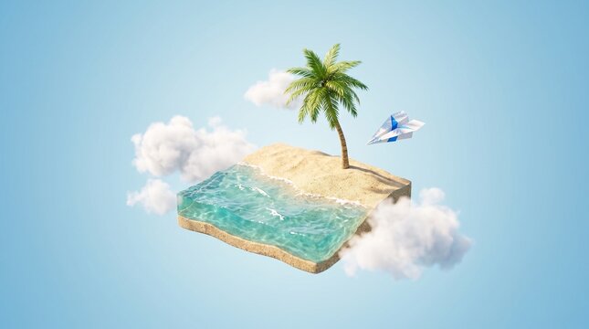 Miniature tropical island with palm tree and paper plane floating in