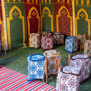 an Arab jaima or traditional Moroccan tent set up on the grass