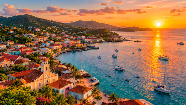 Beautiful Coastal Town at Golden Sunset Aerial View