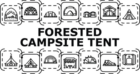 Forested campsite tent banner infographic. Adventure trees, rustic backpacking, wilderness trail icon vector illustration © sevector