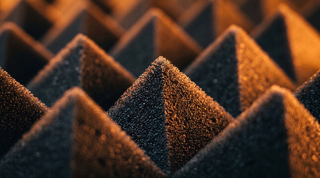 Pyramid acoustic foam panels for soundproofing, dark grey sponge texture with warm orange lighting, professional recording studio sound insulation