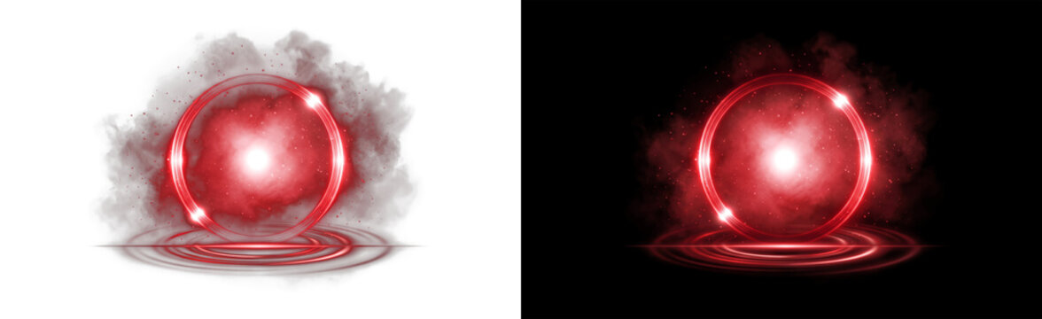 Red energy orb, glowing magic sphere, power ball with smoke and ring effect for game design and video editing, png overlay isolated on transparent background