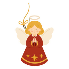 Naklejka premium Christmas angel ornament tree bauble hanging pendant with praying wings for winter holiday decoration isolated on transparent background. Seasonal cherub toy. Vector illustration.