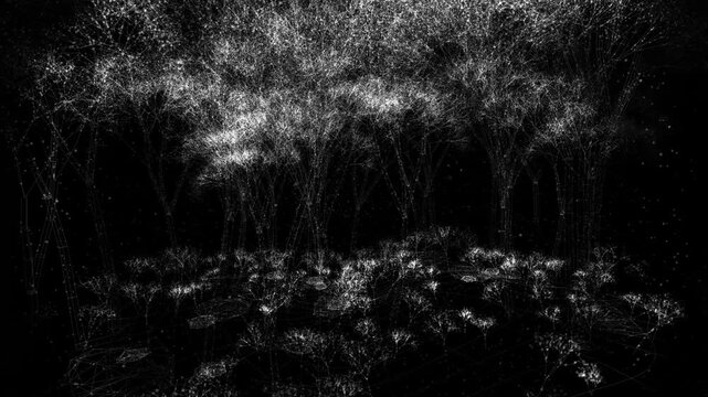 Monochrome point cloud forest scans with dense particle foliage on dark background in a futuristic 3D digital animation