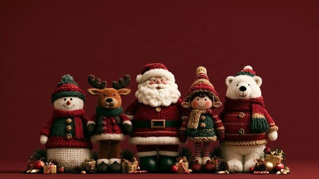 AI-generated video of cheerful characters a reindeer, Santa Claus, snowman, a polar bear, and an elf dancing and celebrating together in a Christmas magic theme, with a plain, deep burgund background.