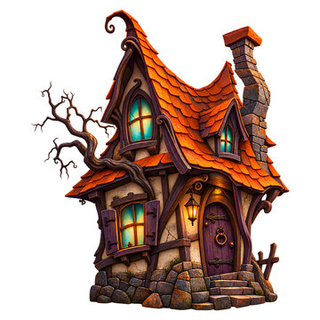 Whimsical Halloween Cottage with Curved Orange Roof, Glowing Windows, Twisted Tree and Rustic Stone Chimney Isolated on Transparent Background