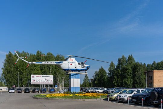Helicopter displayed on a pedestal outside Ukhta Airport in the Komi Republic