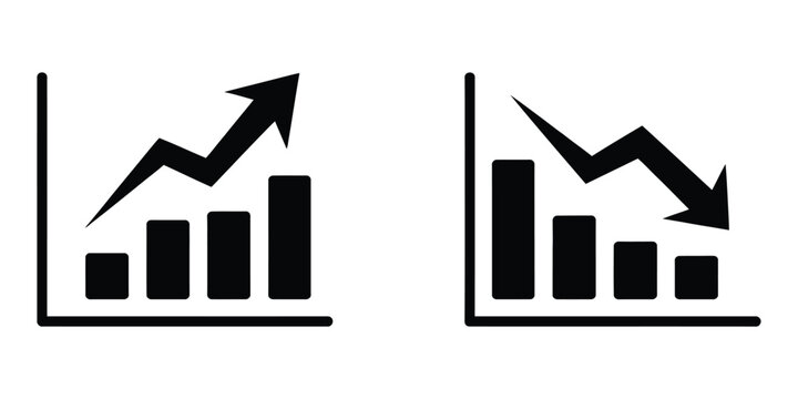 Business Growth and Decline Icons, Bar Chart and Directional Arrow Vector Set for Financial Analysis, Performance Tracking and Data Visualization