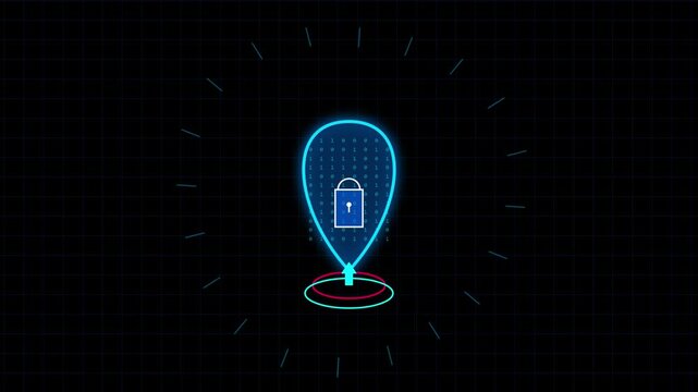 Cybersecurity location pin icon with a glowing padlock and binary code background animation