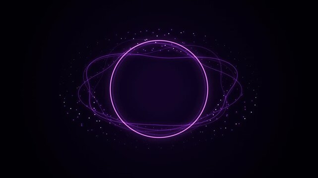 Glowing purple neon circle frame with floating particles and waving light lines on black background