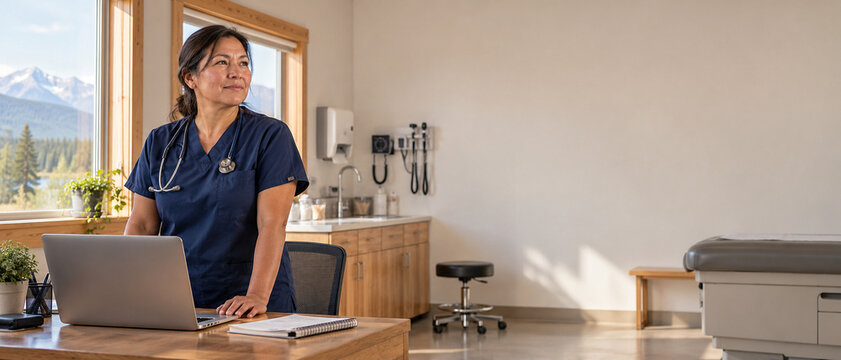 Female Physician Working on Laptop in Bright Community Clinic