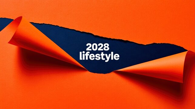 2028 lifestyle text revealed through torn orange paper on minimalist studio background macro shot for trend forecasting marketing