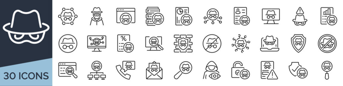 Set of 30 outline icons related to fraud. Linear icon collection. Editable stroke. Vector illustration