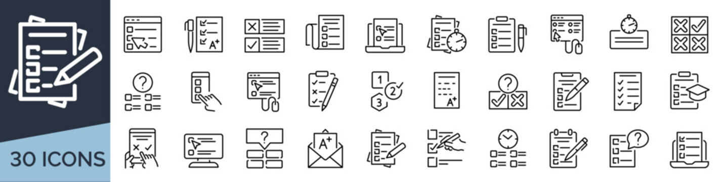 Set of 30 outline icons related to exam, quiz. Linear icon collection. Editable stroke. Vector illustration