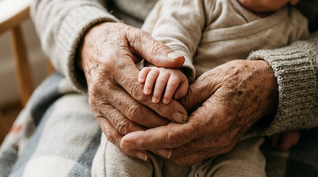 Close up of deeply wrinkled elderly hands gently holding the tiny hand of a newborn baby, generational family legacy.