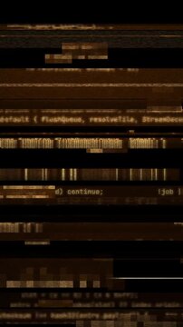Amber computer code on screen with digital glitch and interference representing a cyber security breach.