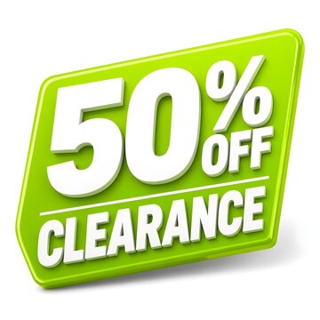 Bright Green 50% OFF Clearance Sale Tag on White Background