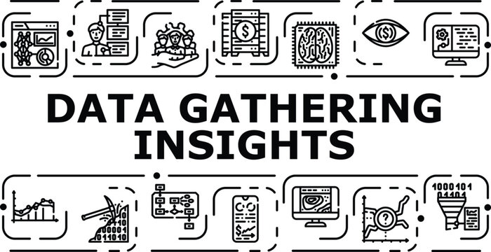 Data gathering insights concept. Metrics validation, aggregation synthesis, inference extraction icon vector illustration