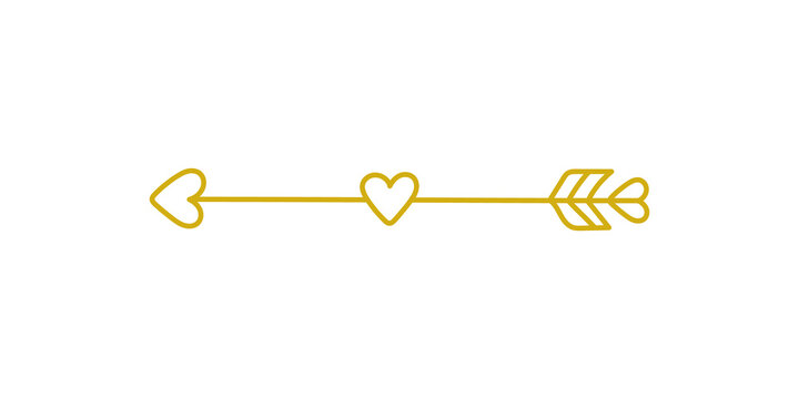 A goldcolored vector graphic of a cupid arrow with a heartshaped tip and fletching, isolated on a transparent background