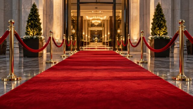 Red carpet entrance with velvet ropes leading into an elegant hotel lobby. Symbols of success and celebrity recognition. Awards ceremony, gala event and VIP arrival. Luxury hospitality