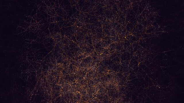 Dense crimson and amber data plexus lines swirl across dark cyberspace in an abstract horizontal neural network 3D render