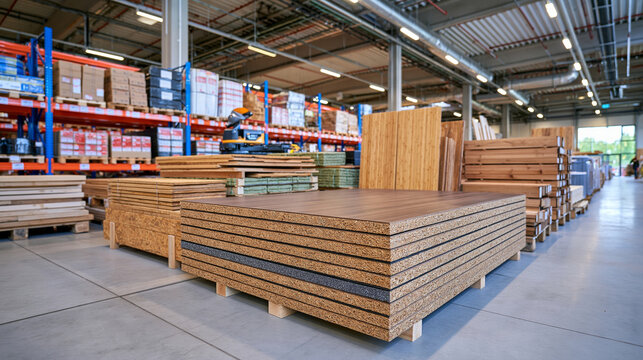 Modern sustainable building materials stored in a bright warehouse, recycled composite boards, eco insulation, bamboo panels and reclaimed timber arranged neatly, contemporary green construction con