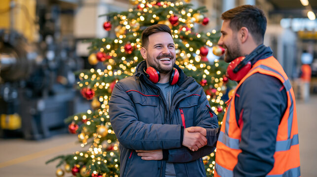 Production team celebrating Christmas during a short break on the factory floor, workers gathered near a decorated tree, safety equipment still worn, industrial machinery in background, authentic ch