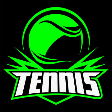 Neon green and black athletic tennis sports club emblem with shield and stylized text banner on a dark background.