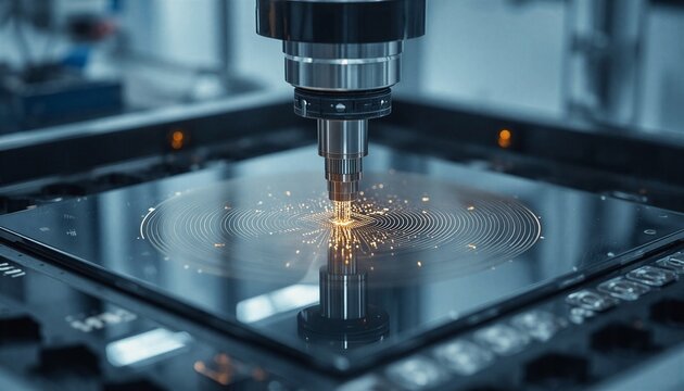 Precision industrial laser cutting machine working on high tech microchip silicon wafer component