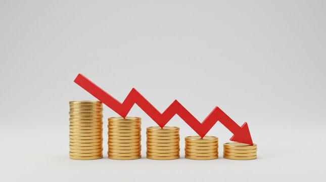 Inflation economy red arrow showing declining coin stack. Financial crisis recession. stock price increase falling, bankruptcy risk loss, chart graph statistic