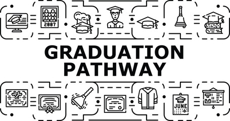 Fototapeta premium Graduation pathway banner infographic. University curriculum, college planning, transition progress icon vector illustration