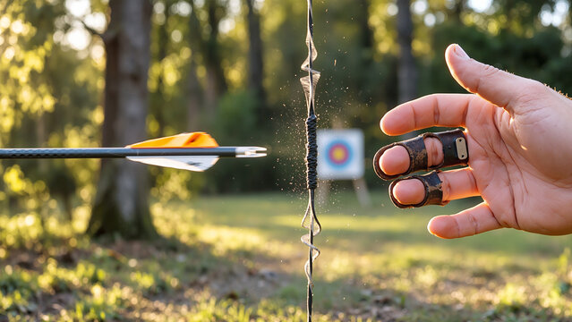 High-speed close-up of archer releasing arrow from bowstring toward target during outdoor archery practice   
