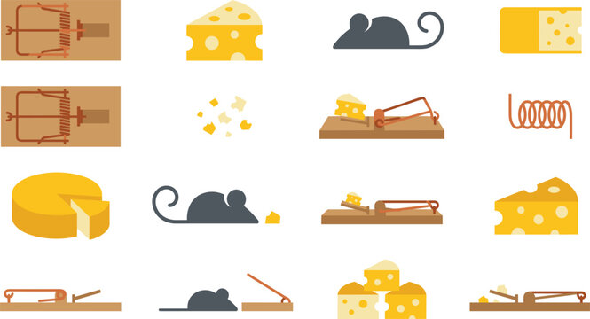 Mouse, Mousetrap, and Cheese Vector Icon Set Featuring Rodents, Wooden Traps, Yellow Swiss Cheese Wedges, and Pest Control Elements for Design