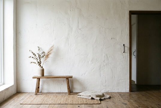 White plaster wall with wabi-sabi imperfect texture in serene residential interior