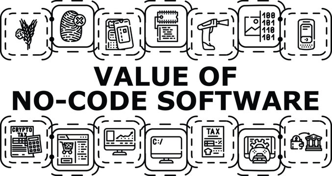 Value of no-code software banner infographic. Deployment efficiency, platform productivity, agility development icon vector illustration